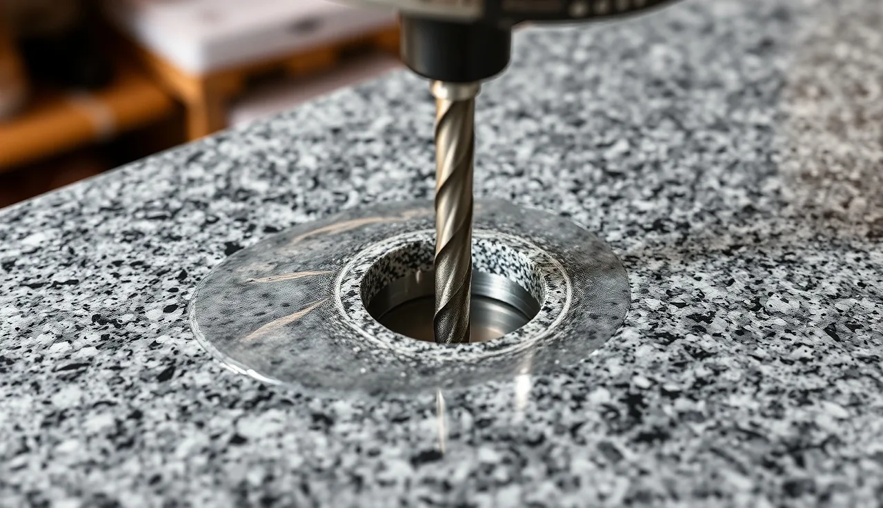 Diamond core bit drilling a soap dispenser hole in a polished granite countertop