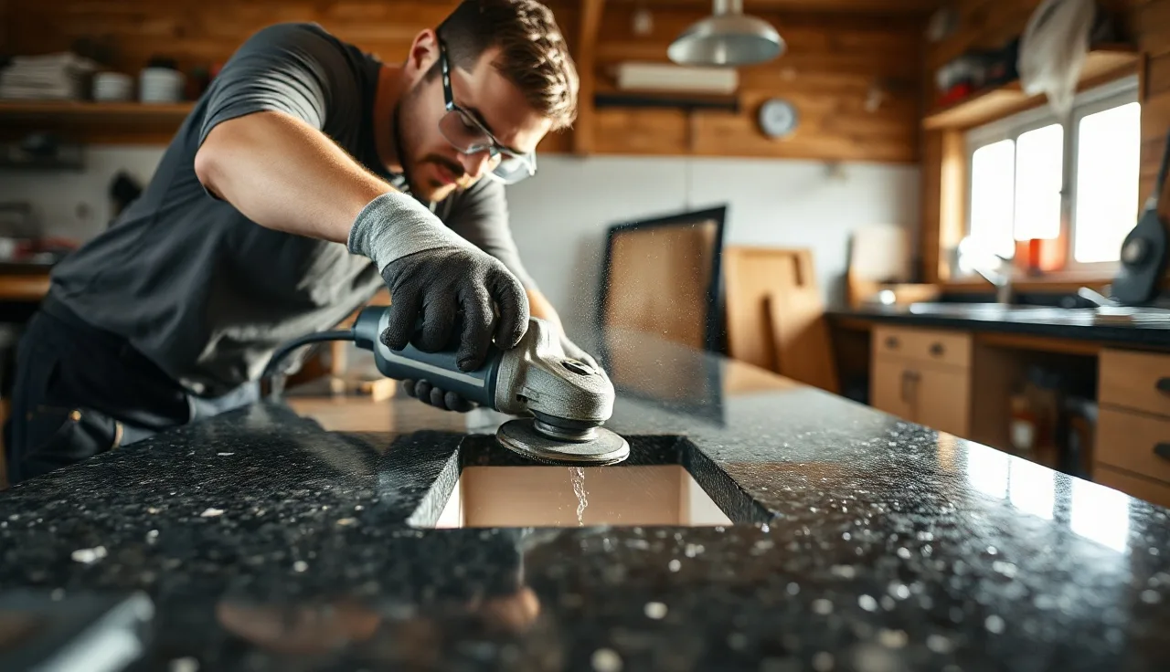 Fabricator using wet diamond grinder to cut cooktop opening in granite countertop