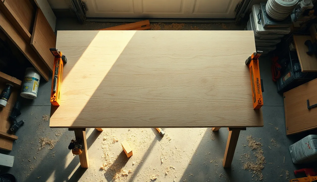 Circular saw and clamped straightedge on a laminate countertop blank ready to cut