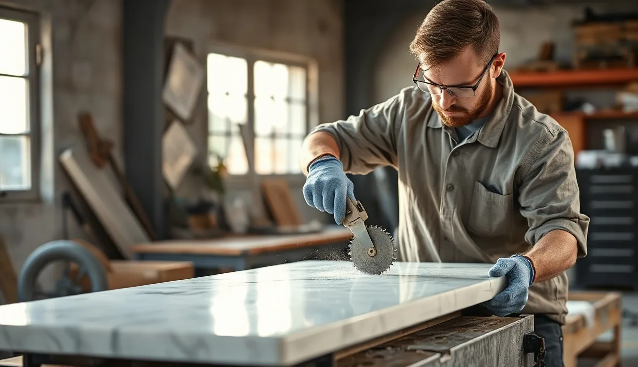 Fabricator using a wet saw to cut a white marble countertop slab in a workshop