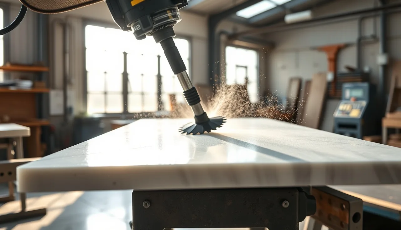 Diamond blade cutting through a white quartz countertop slab with water cooling