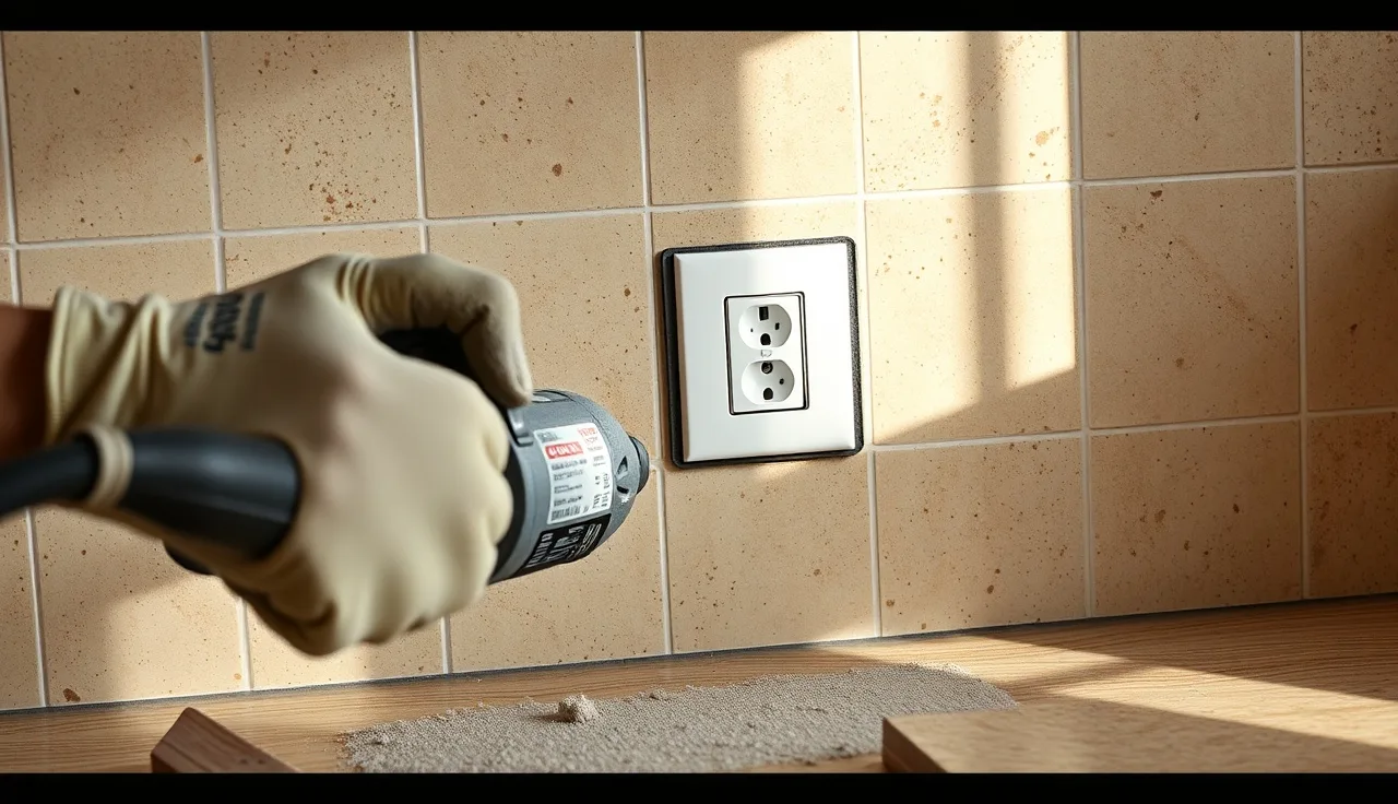 Gloved hands using an angle grinder to cut a stone backsplash tile around a wall outlet box