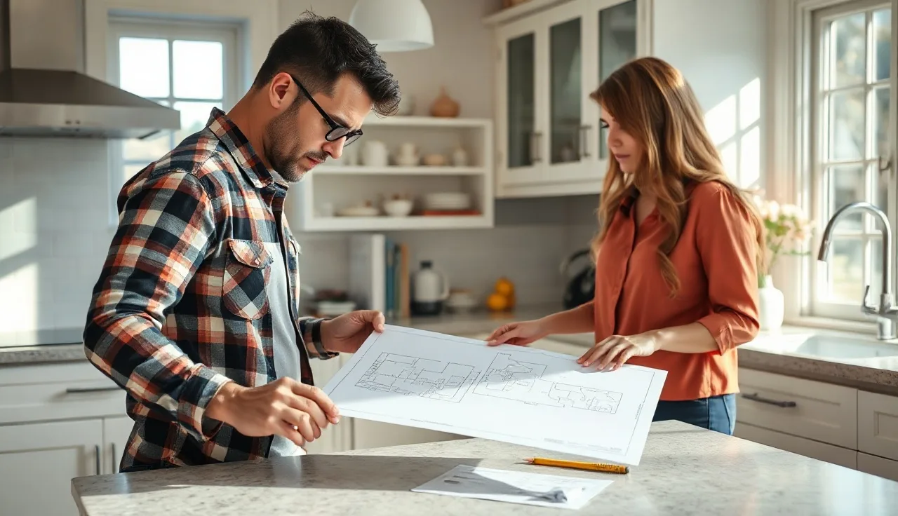 Fabricator and homeowner reviewing a countertop seam placement diagram at a kitchen template