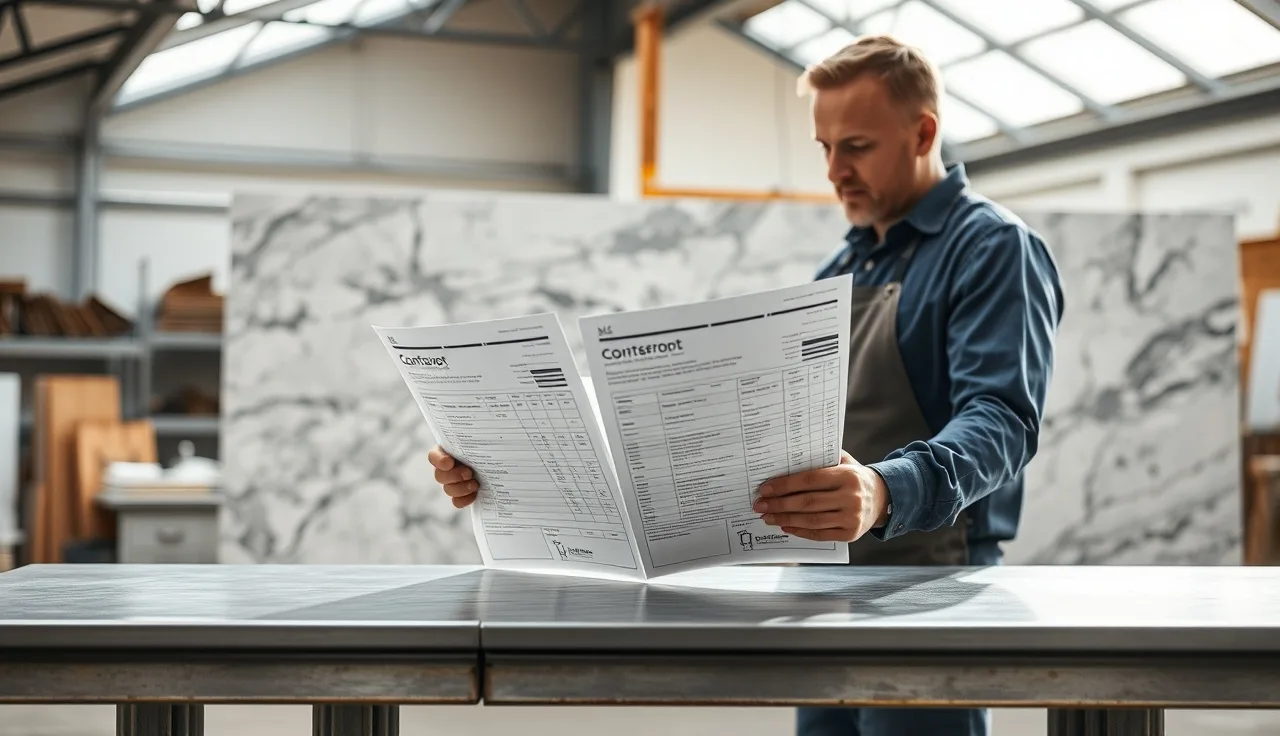 Fabricator comparing two countertop quote documents on a shop workbench with a quartz slab behind