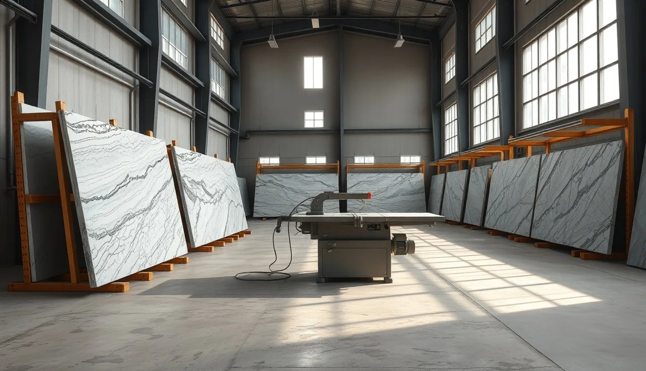 Interior of a countertop fabrication shop with granite slabs on racks and a bridge saw
