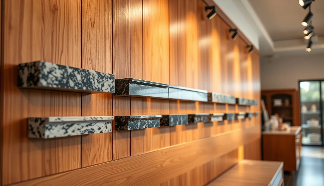 Row of polished granite edge profile samples mounted on showroom display wall