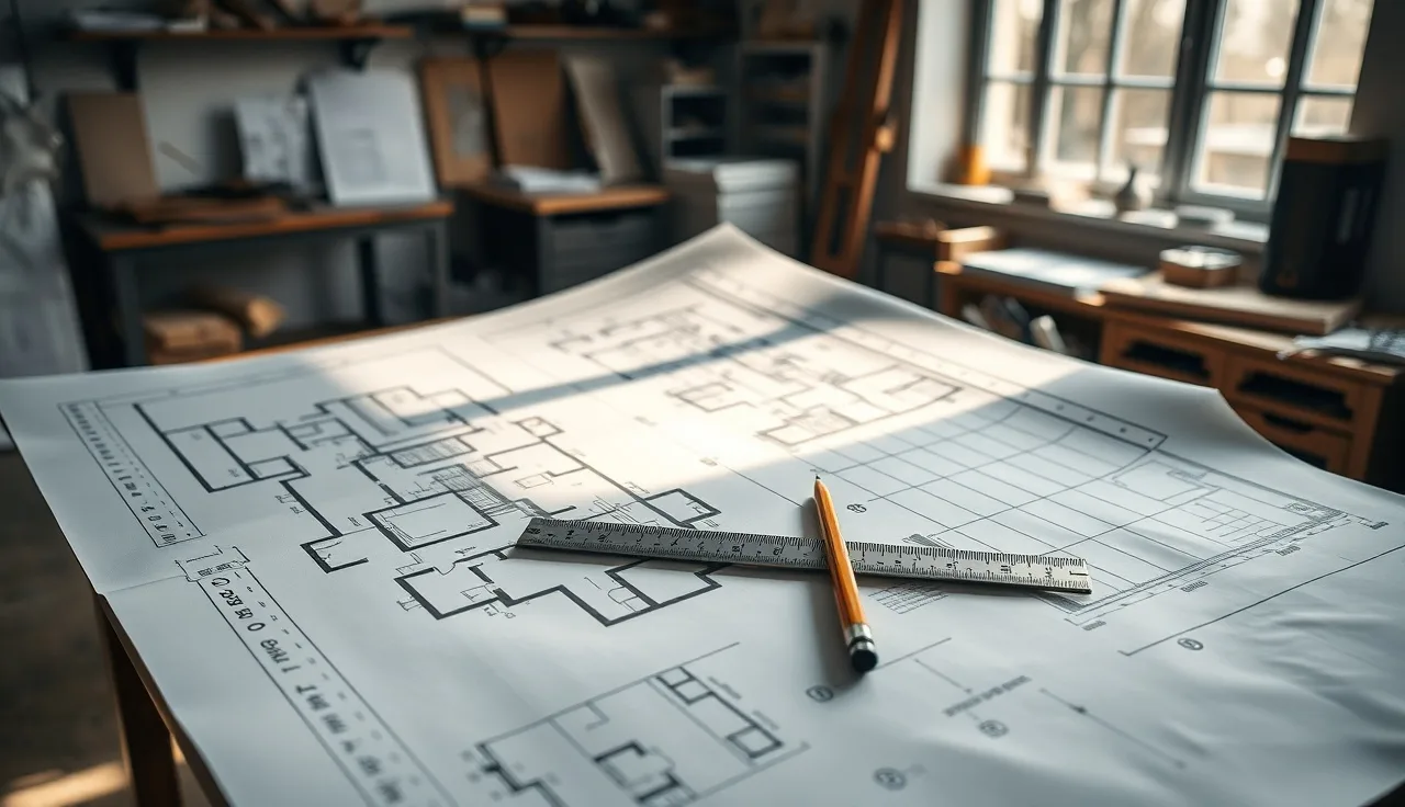 Fabricator reviewing kitchen floor plan drawings with a scale ruler for countertop takeoff