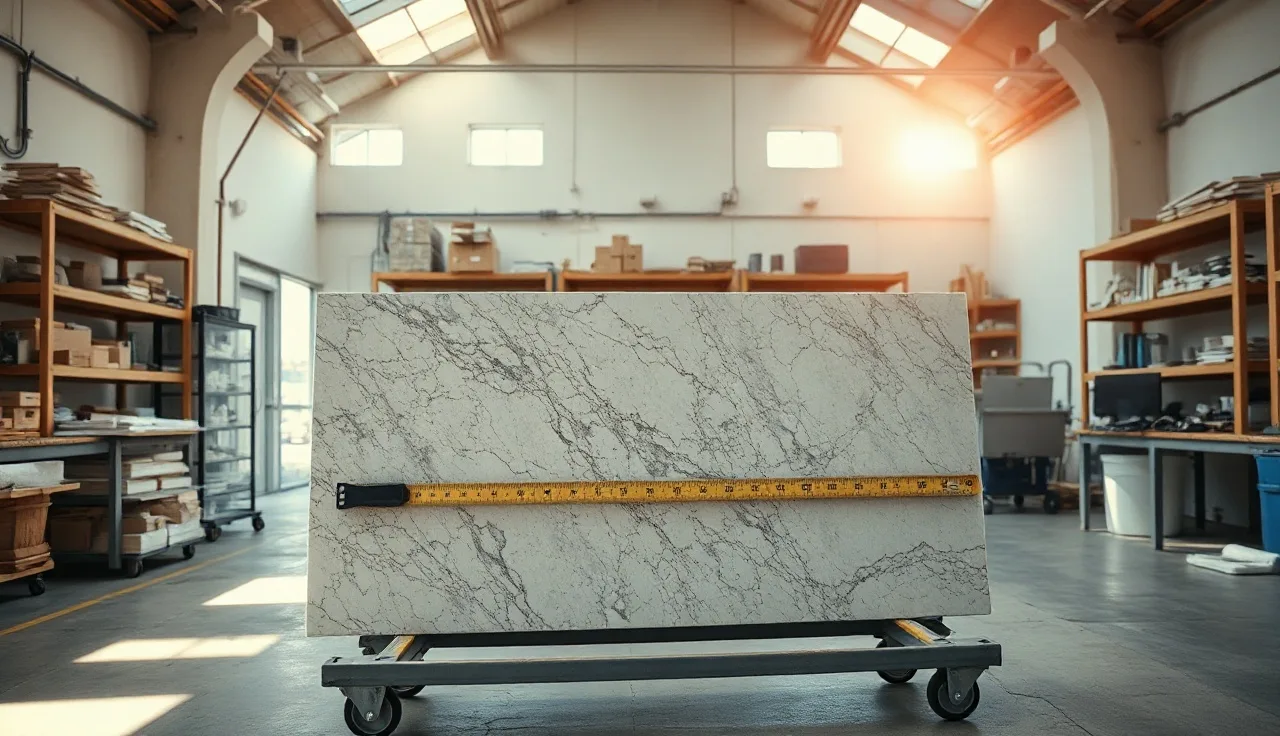 Stone fabrication shop with granite slab on cart and layout workstation nearby