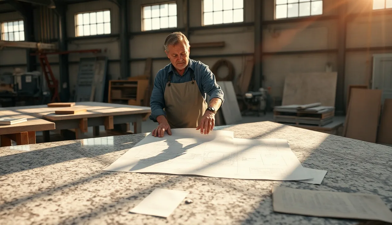 Fabricator and homeowner reviewing a cut sheet drawing on a granite slab before cutting
