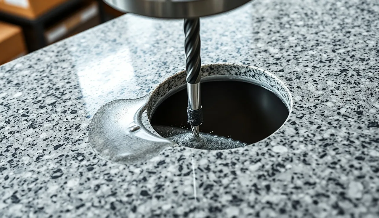 Diamond hole saw drilling a faucet hole in a polished granite countertop with water cooling