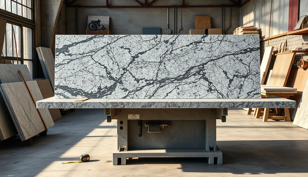 Granite slab on a bridge saw table with offcuts showing countertop fabrication waste