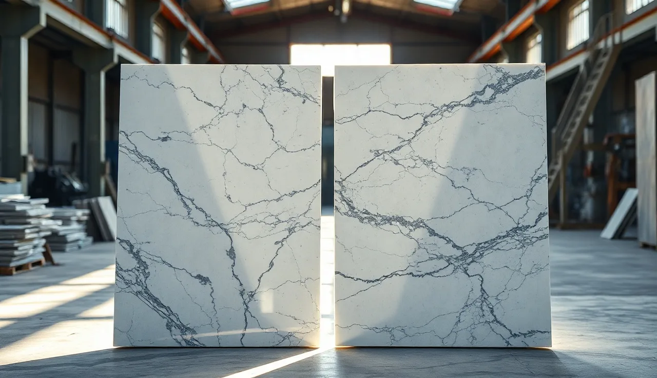 Two granite countertop slabs showing 2cm and 3cm thickness difference side by side