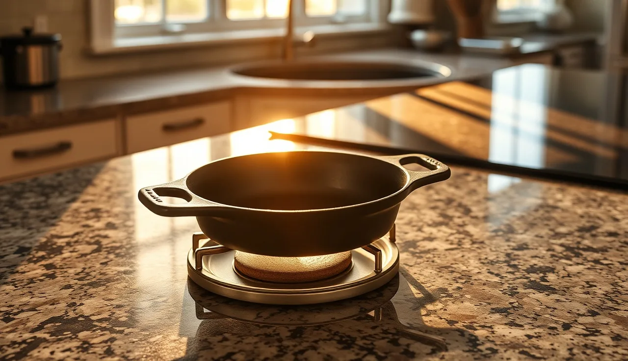 Cast-iron skillet on a trivet beside a granite countertop, showing heat resistance context