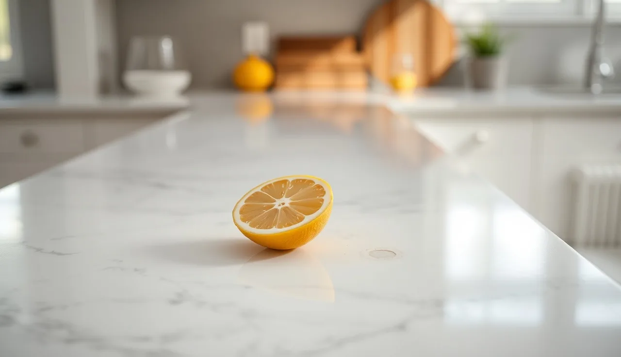 Polished white marble countertop with a lemon half beside a visible etch mark