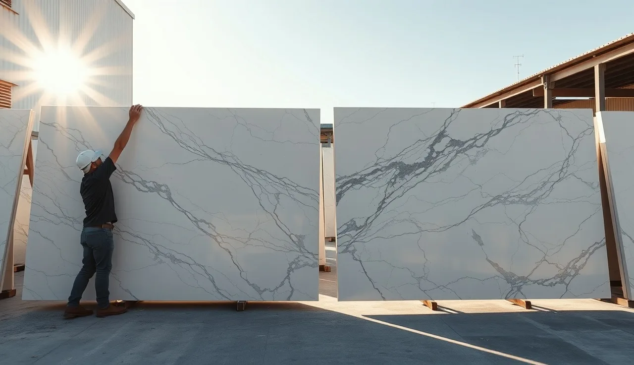 Two workers comparing large marble slabs showing natural stone variation at a stone yard