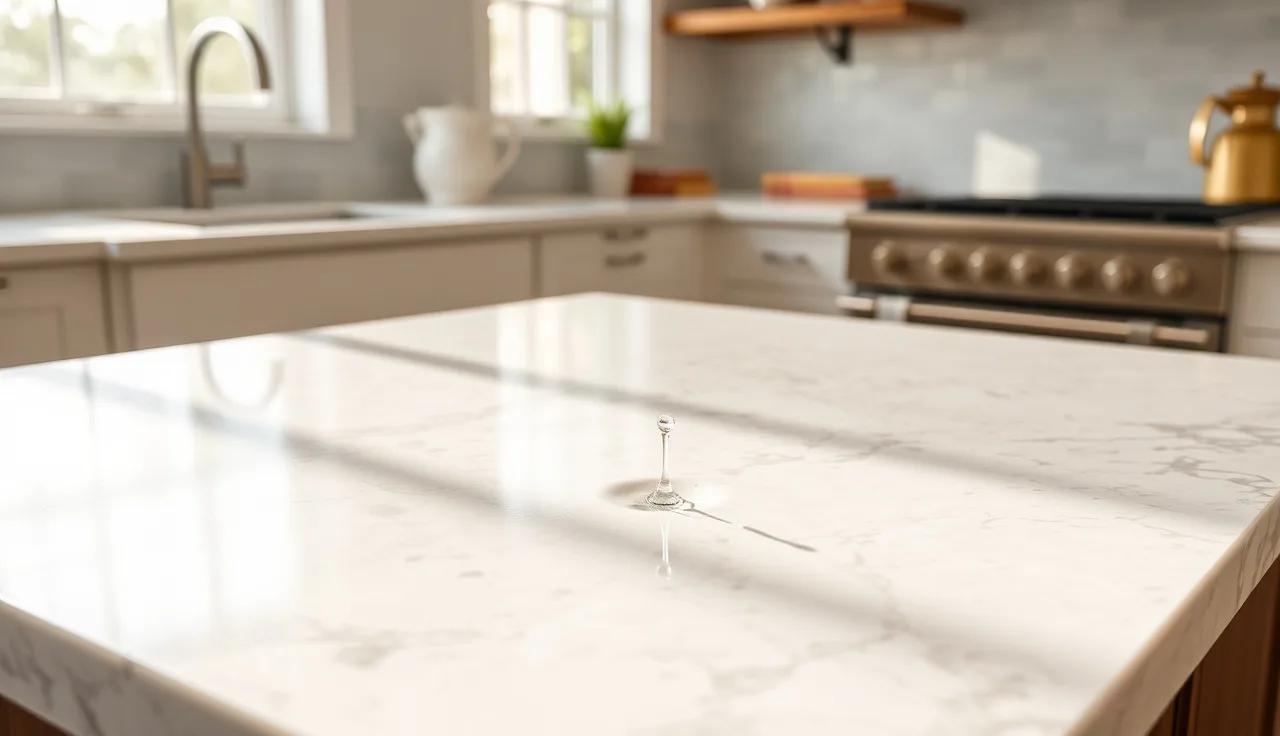 Close view of a quartzite countertop with water beading on the sealed stone surface