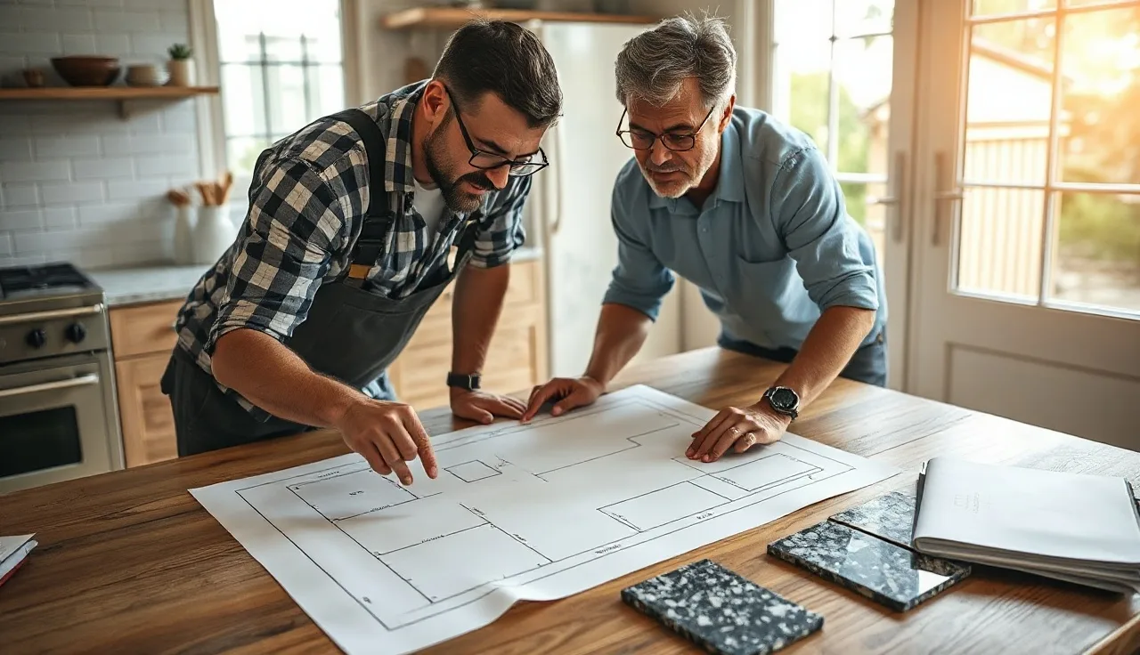 Fabricator and homeowner reviewing seam placement on a countertop template drawing
