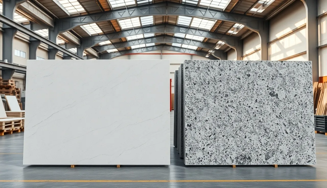 Quartz and granite countertop slabs side by side in a stone fabrication warehouse