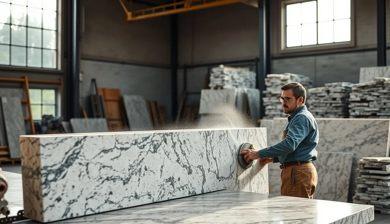 Stone fabricator cutting a granite slab on a bridge saw in a workshop