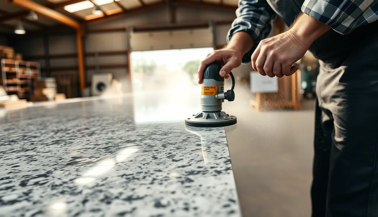 Fabricator running a wet diamond router bit along the edge of a granite countertop slab