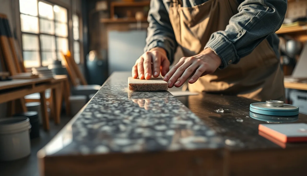 Fabricator polishing the top edge of a 4-inch granite backsplash strip in a stone workshop