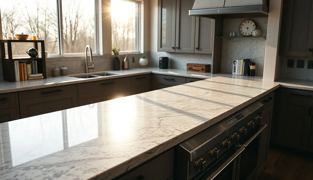 Polished granite countertop bridging over a stainless range in a finished kitchen
