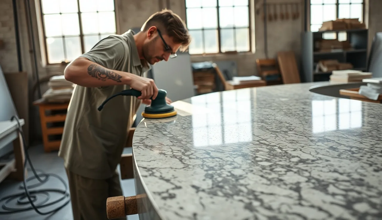 Stone fabricator polishing the curved edge of a granite round island countertop