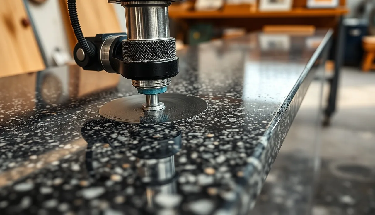 Diamond router bit cutting a wet DuPont edge profile on dark polished granite