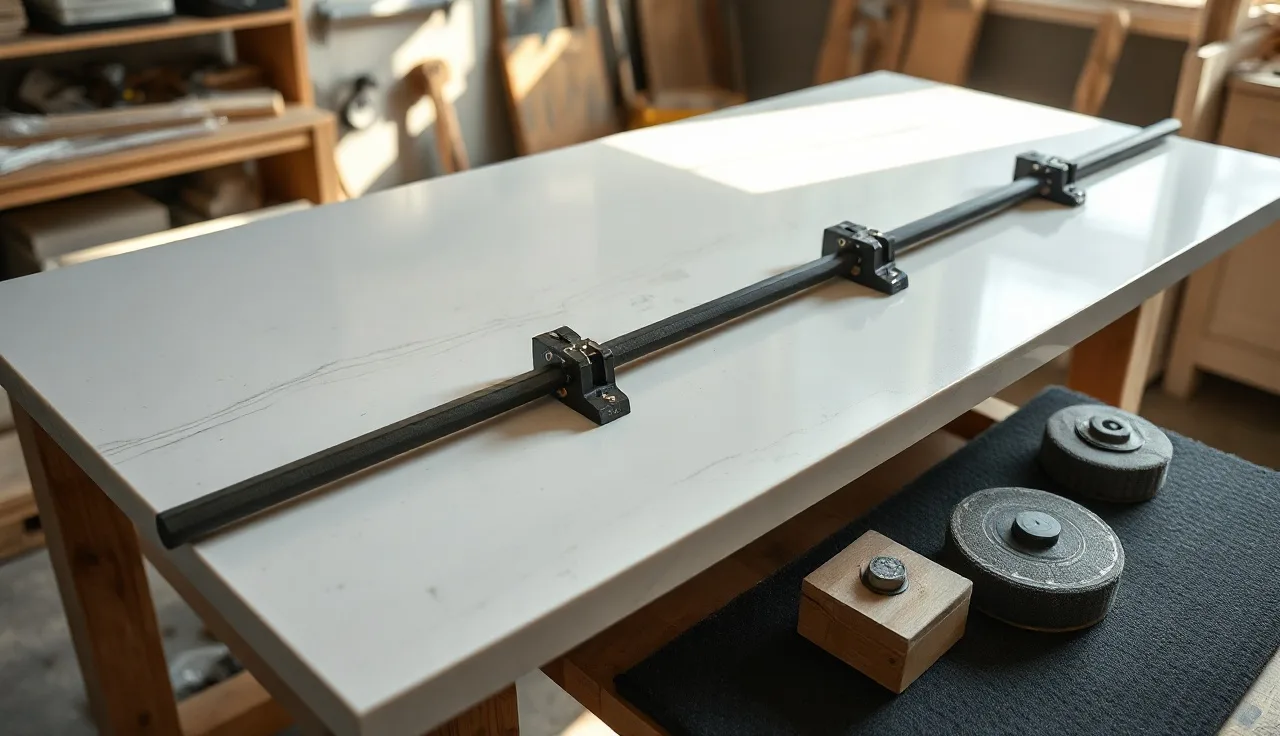 Clamped quartz laminate strip bonded to countertop slab edge in fabrication shop