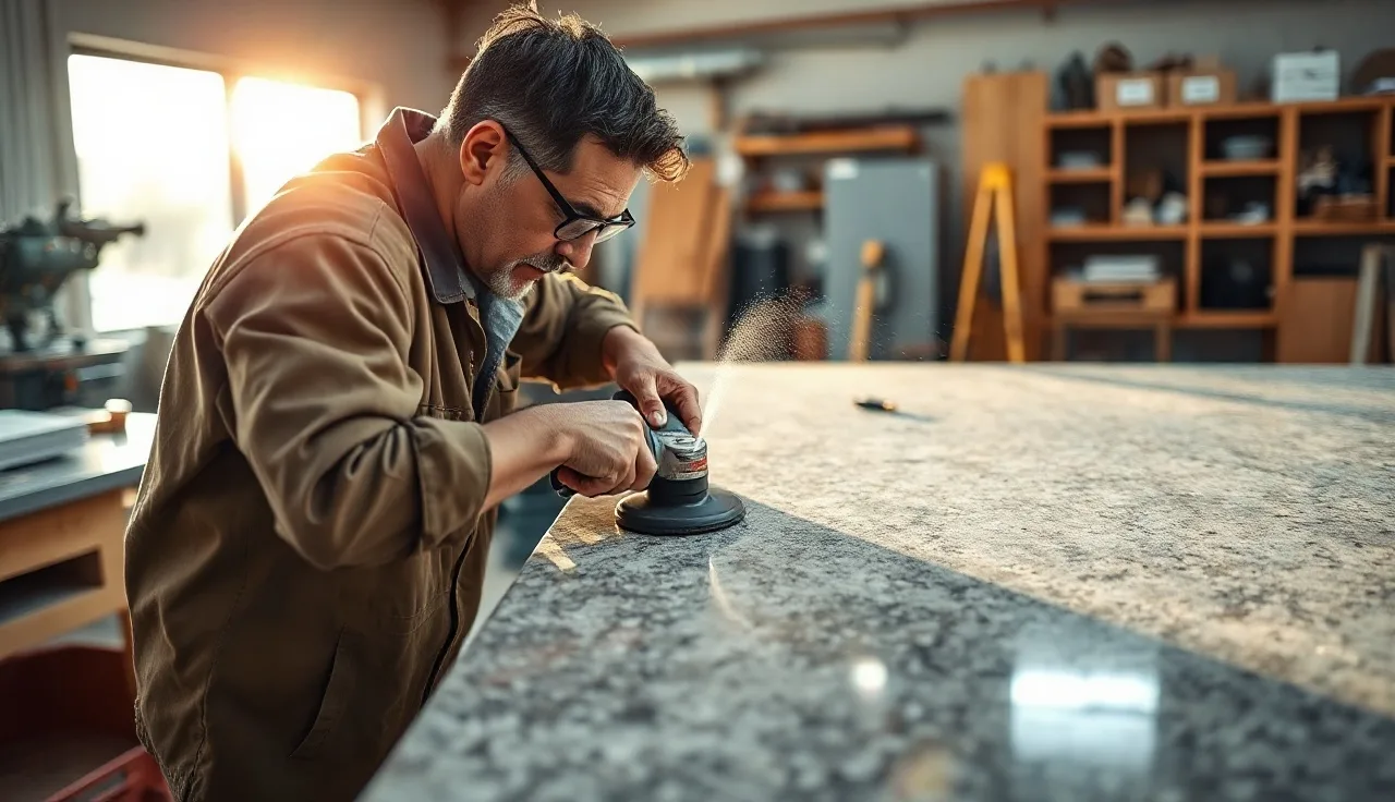 Fabricator wet-grinding a tight radius corner on a granite countertop slab in a workshop