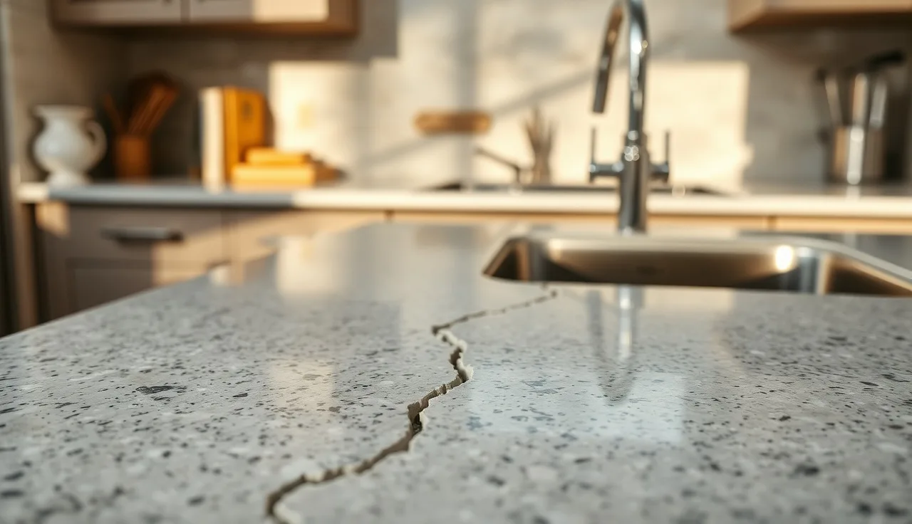 Cracked granite kitchen countertop with a visible fracture line near the sink