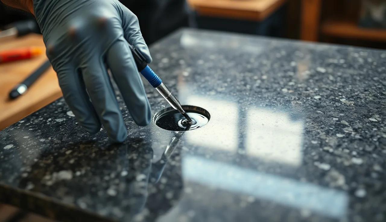 Fabricator applying epoxy filler into a natural pit on polished dark granite slab