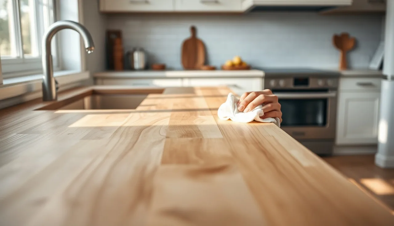 Hands applying mineral oil finish to a maple butcher block countertop in natural light