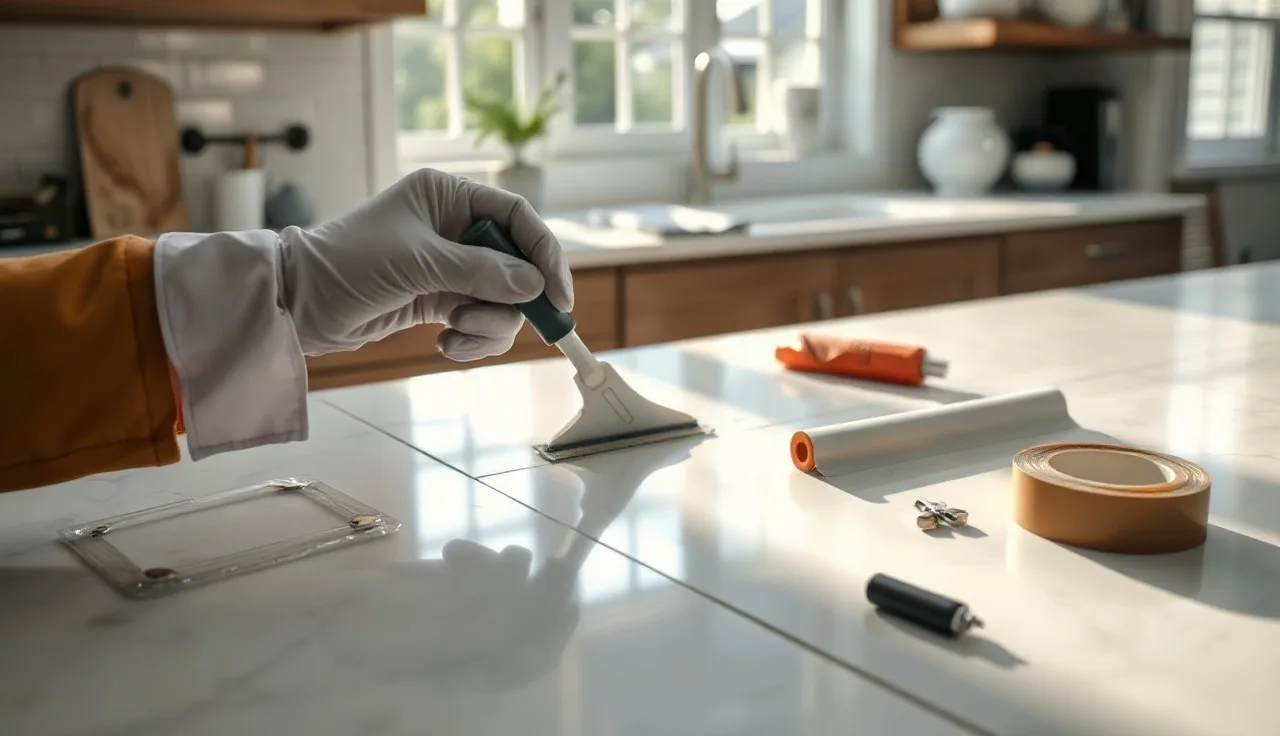 Gloved hand applying epoxy filler to a quartz countertop seam in a kitchen