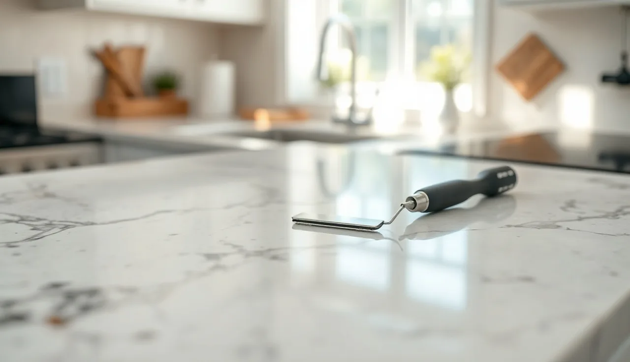 Small chip on quartz countertop edge with repair tools nearby on stone surface