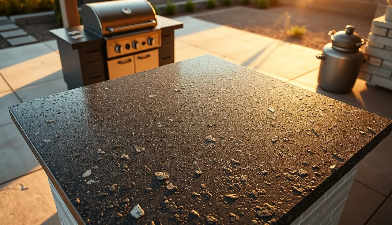 Dark flame-finished granite outdoor kitchen countertop showing rough textured surface in sunlight