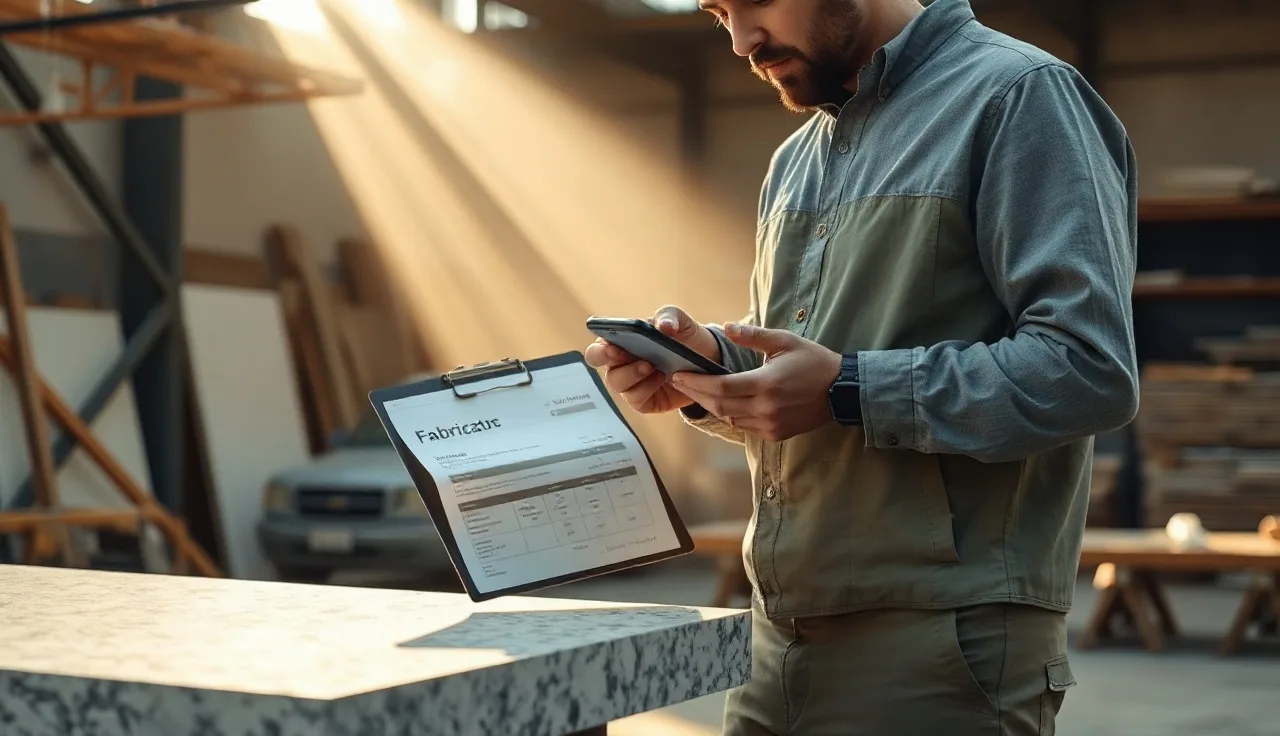 Fabricator reviewing a countertop quote at a stone yard workbench