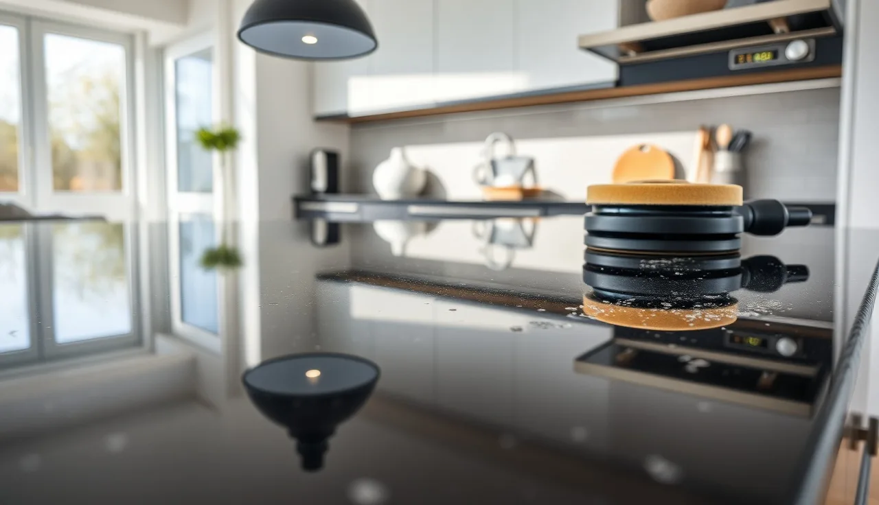 Mirror-polished black granite countertop reflecting overhead kitchen light after professional polishing