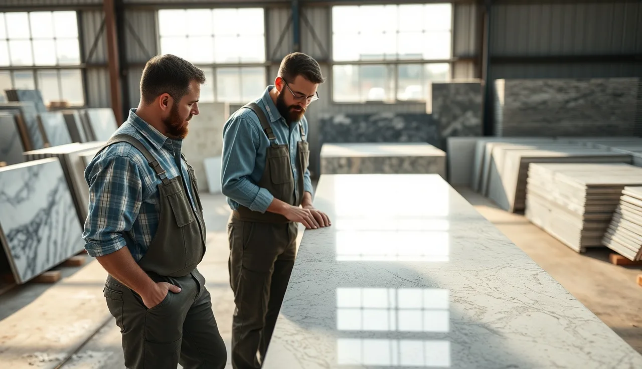 Fabricator and contractor reviewing stone samples together inside a countertop shop