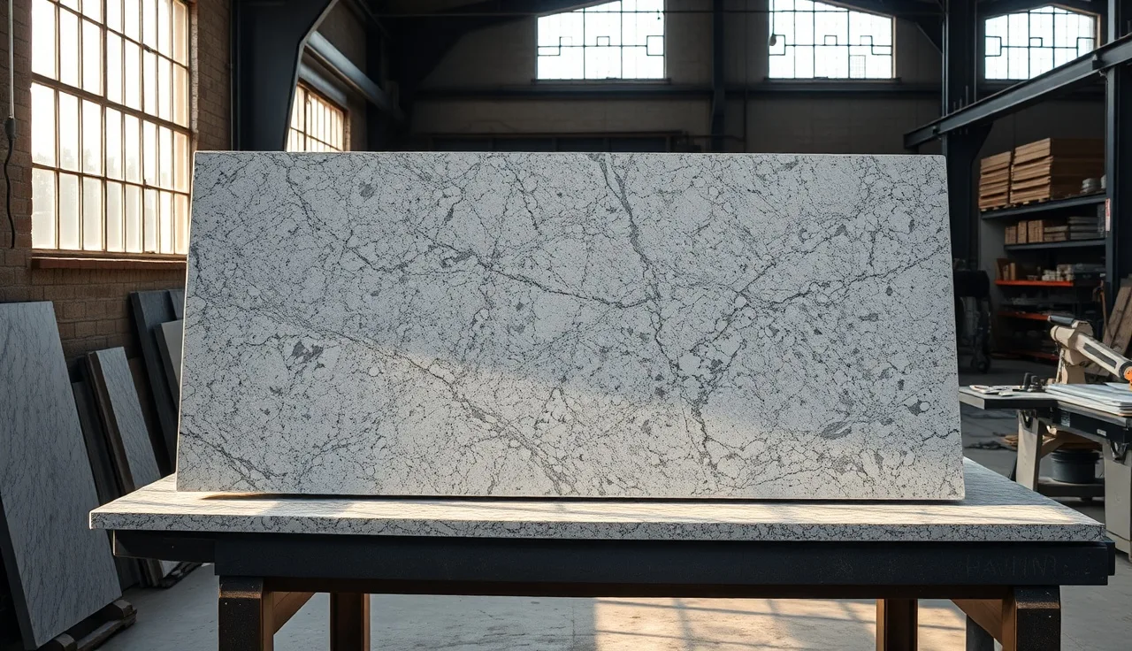 Interior of a stone fabrication shop with granite slab on worktable