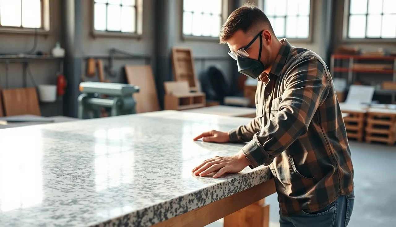 Fabricator inspecting a granite slab in a countertop fabrication workshop