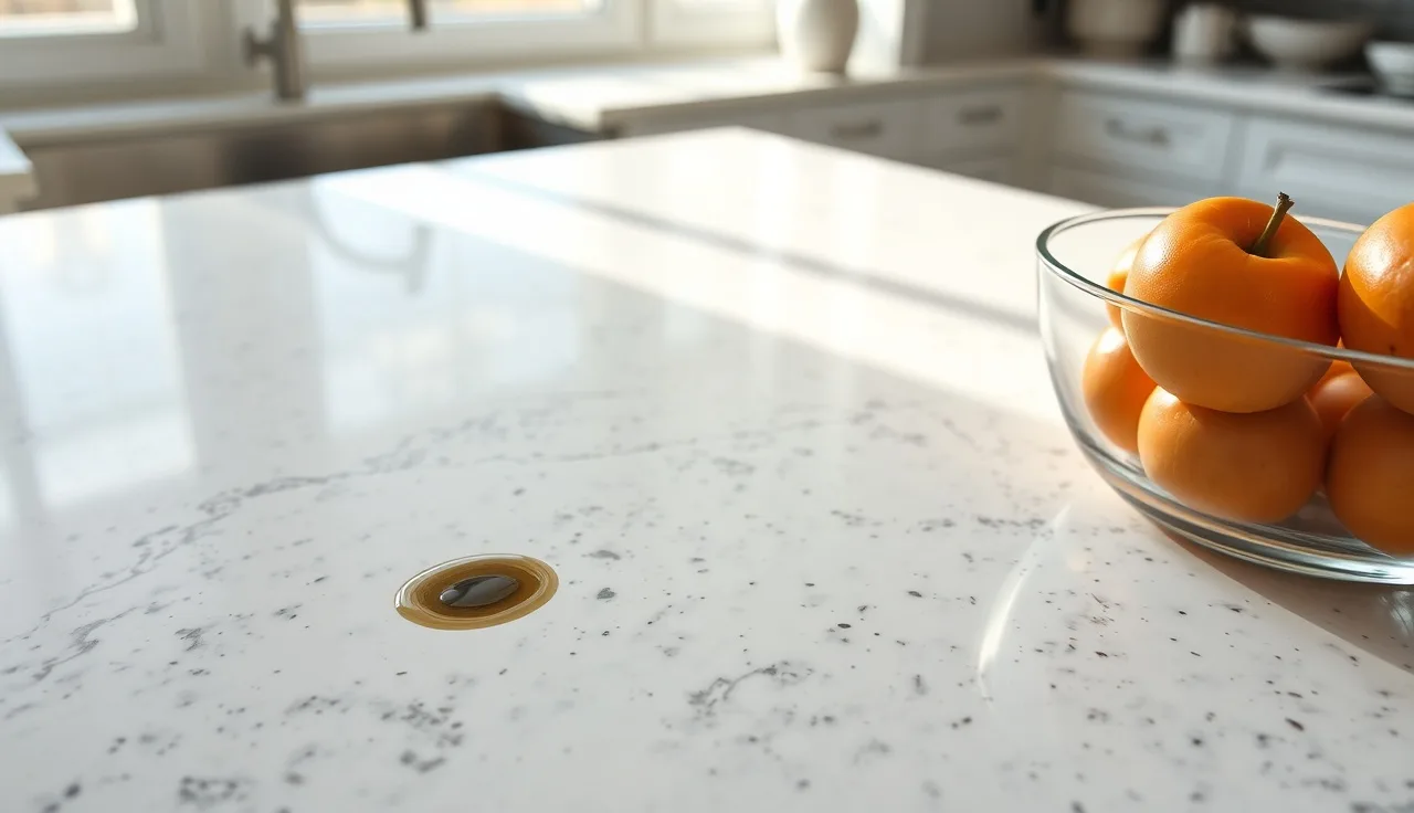 Dark oil stain on white granite countertop in morning kitchen light