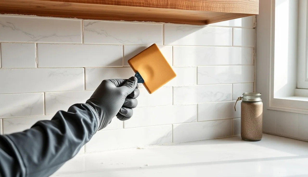 Gloved hand using a grout float on a marble stone backsplash above a countertop