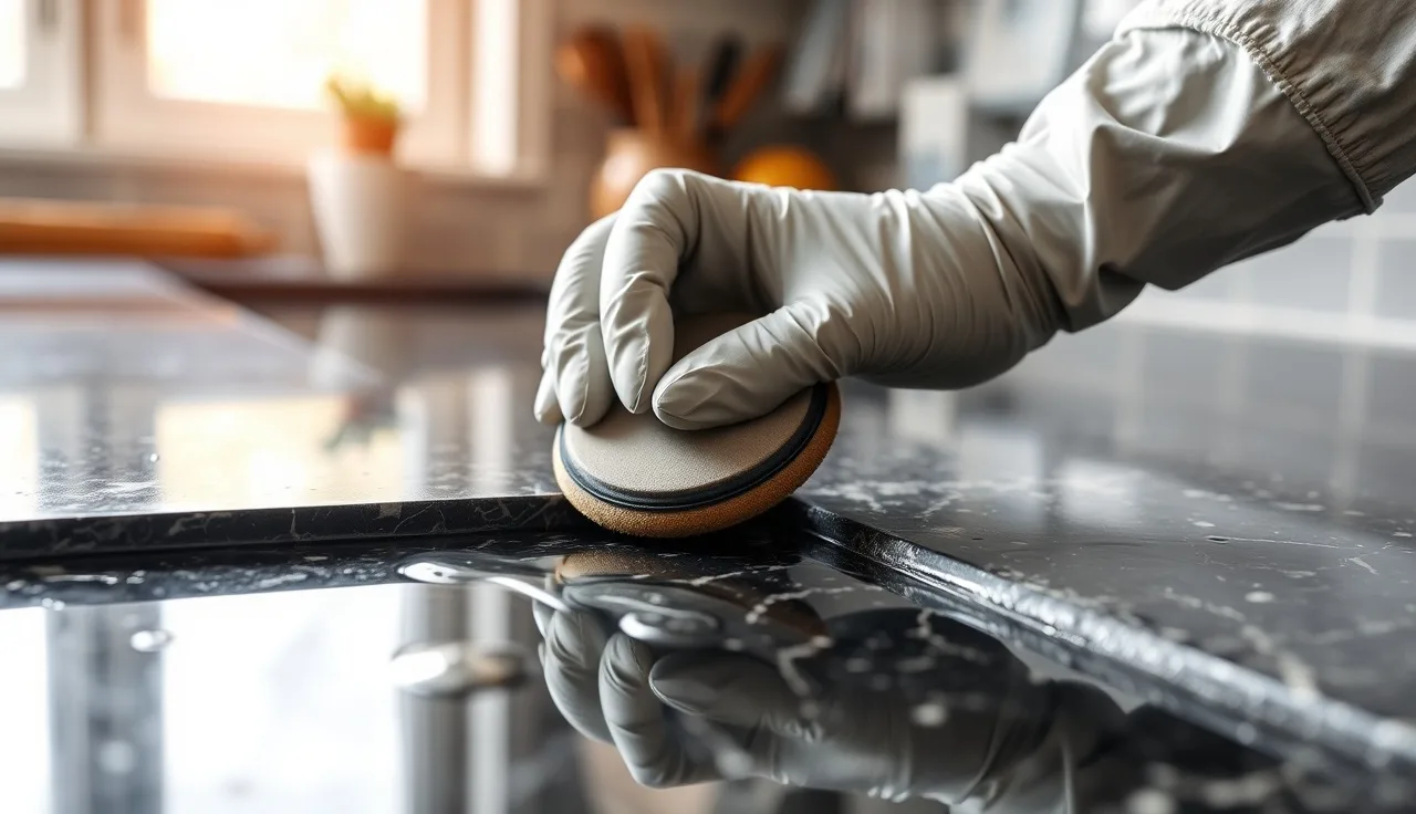 Hands polishing a granite countertop seam with a wet diamond pad