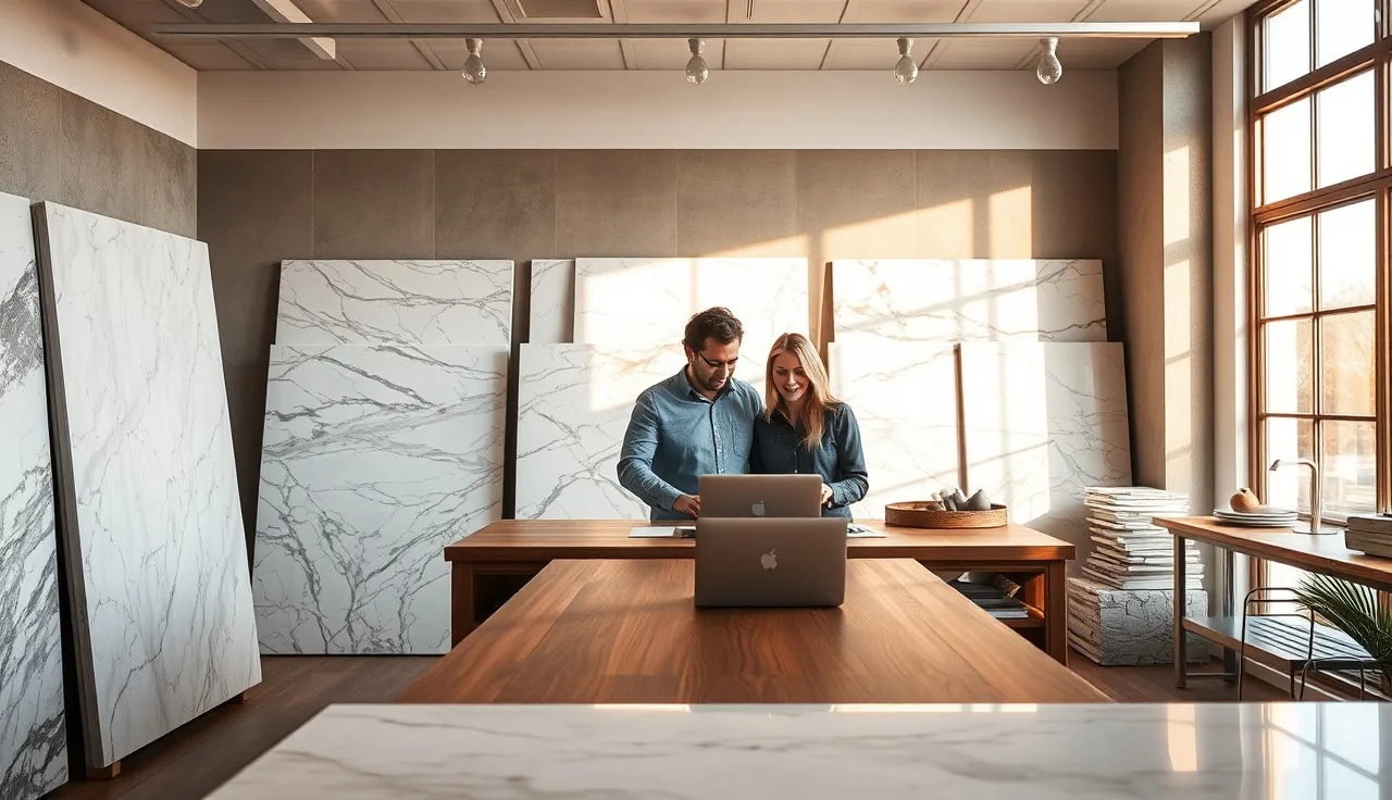Two people discussing countertop options at a stone showroom display table