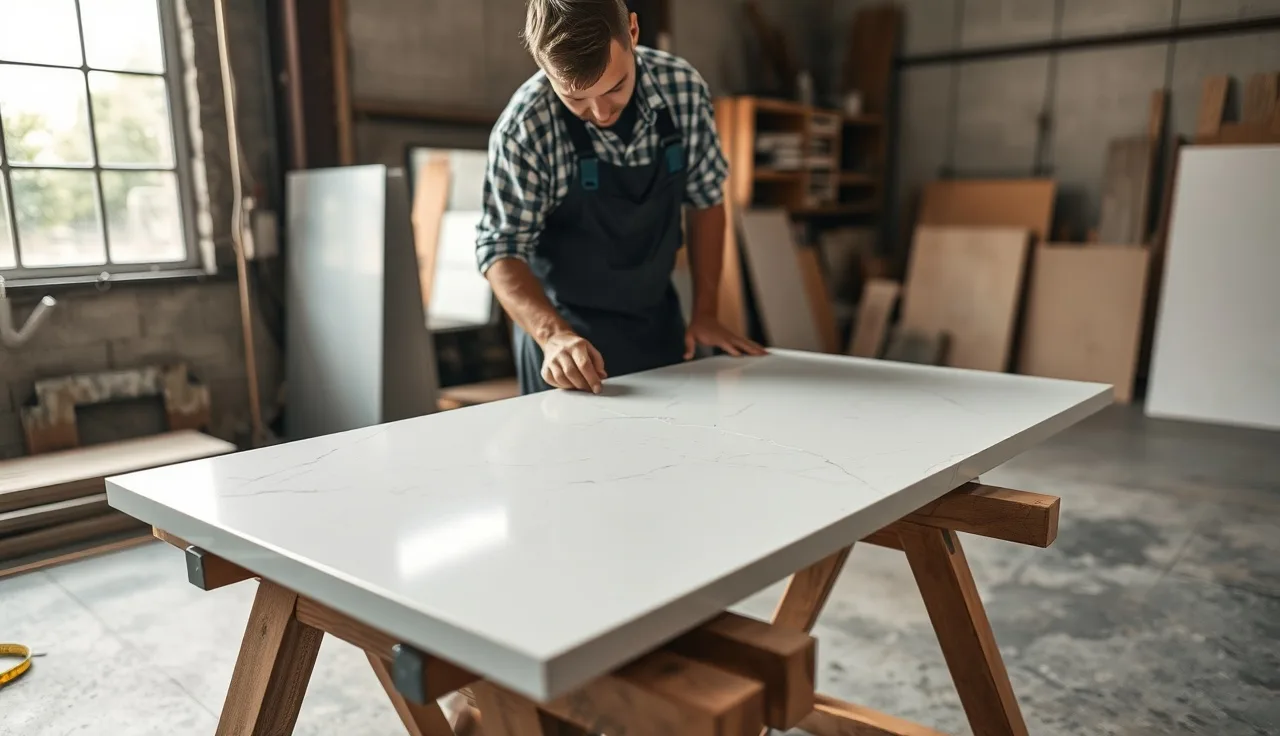 Fabricator inspecting a crack in a quartz countertop section on sawhorses in a stone shop