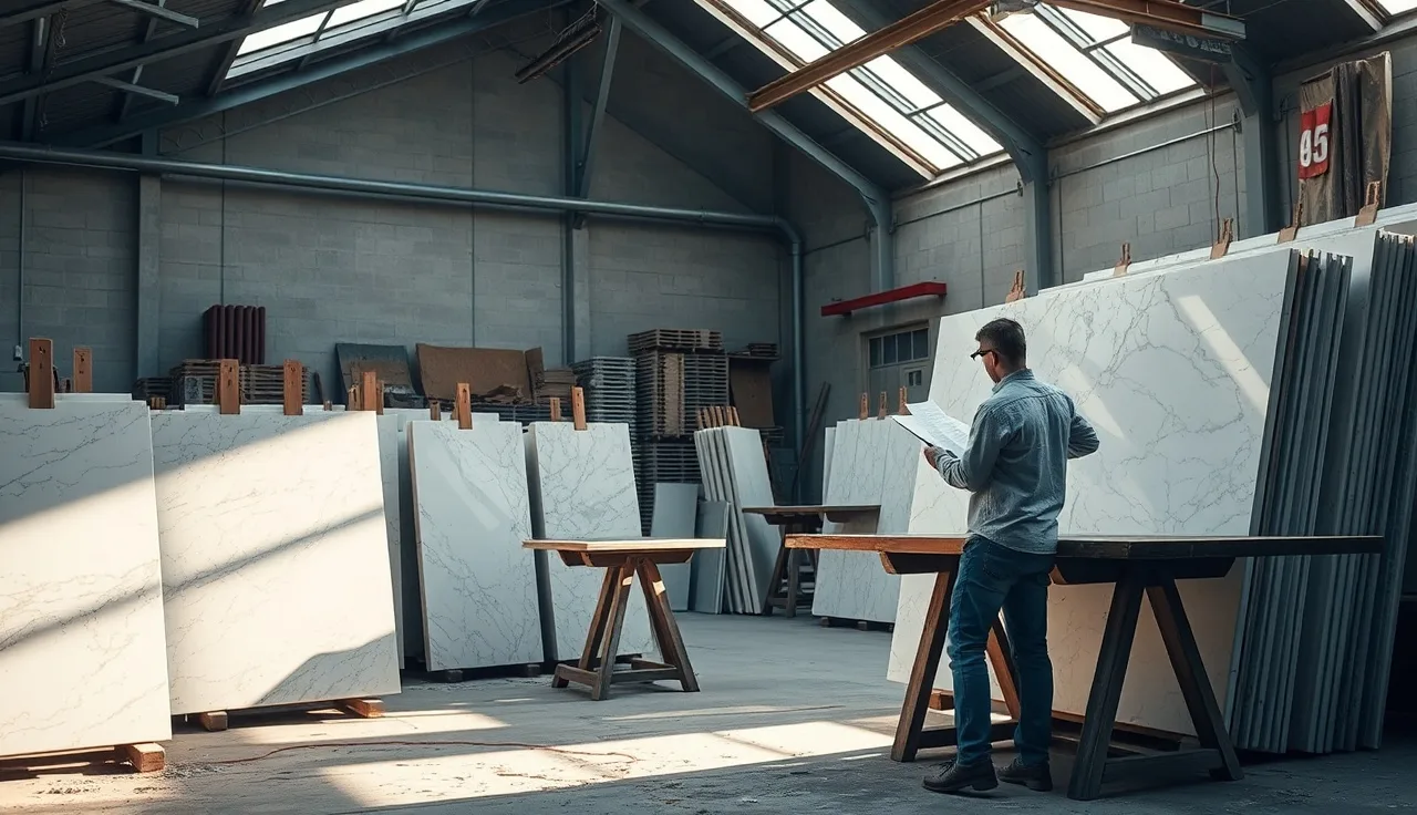 Fabricator reviewing job sheets next to stacked quartz slabs in a stone shop