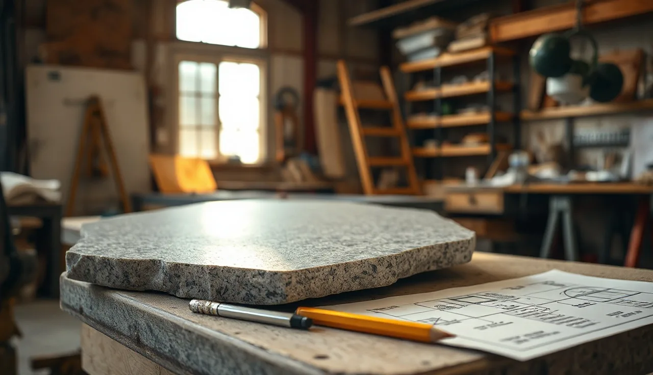 Granite slab on fabrication workbench with measuring tape and cut layout markings