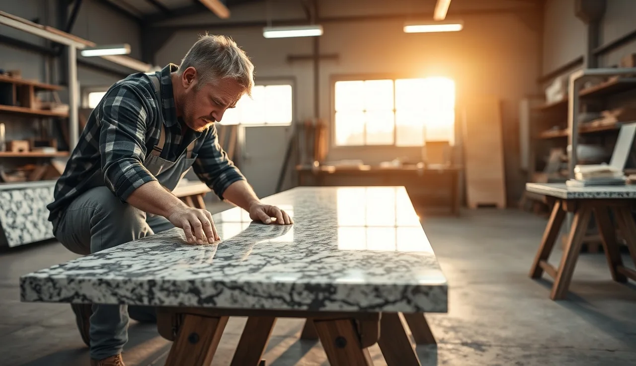 Fabricator examining a granite countertop seam under bright shop lighting