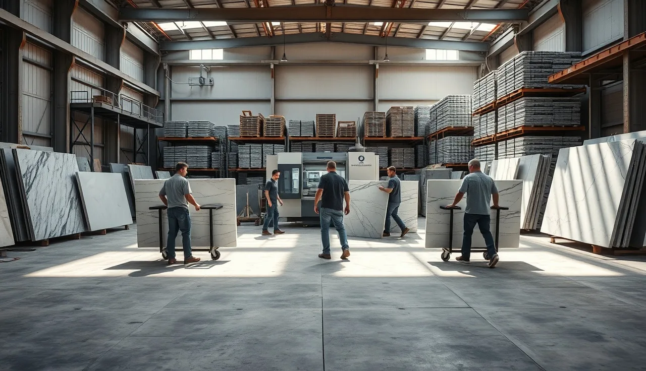 Fabrication shop workers moving quartz slabs for a high-volume countertop project